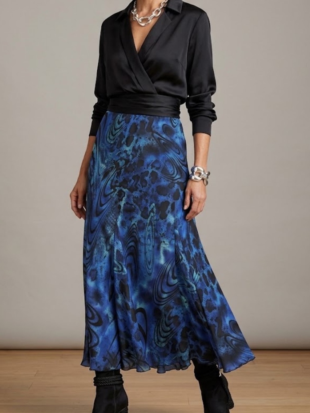 Chicos 2 (L) Blue Abstract Swirl Maxi Skirt Pull On Flowy A-Line Boho Whimsigoth